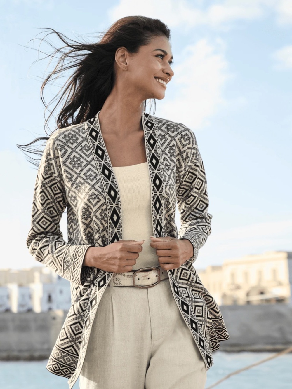 Peruvian Connection Printmaker Cardigan Pearl Women's Size Large (B1)